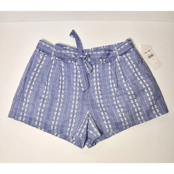 NWT SPLENDID Shorts Women Tie Waist Lined Embroidered Floral Blue Chambray M 6-8 - Picture 1 of 3